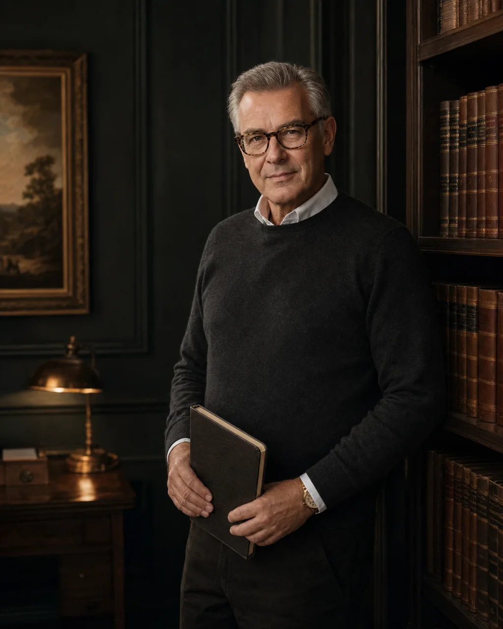 Editorial portrait of Hugh Loxley, executive coach, in a study with leather club chair